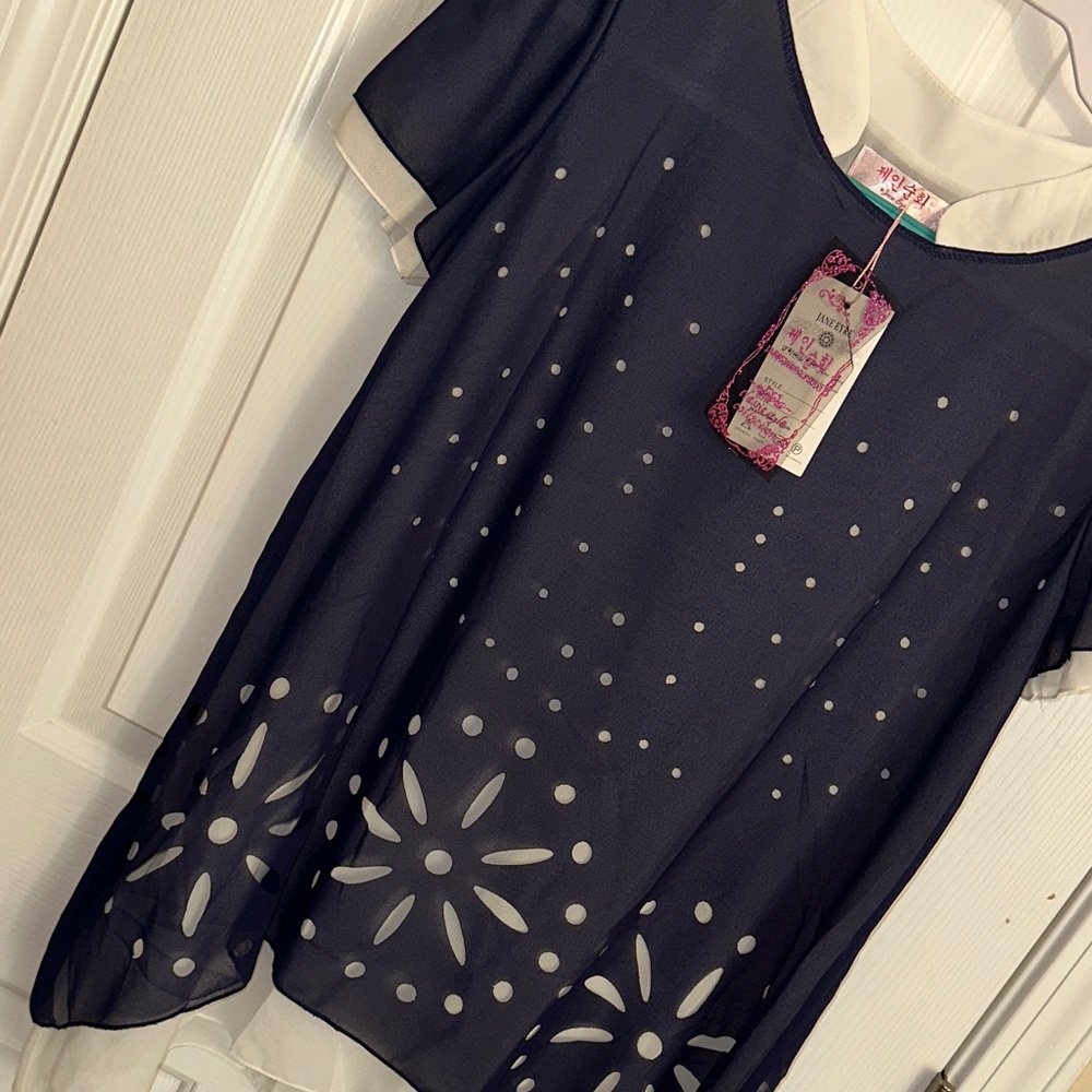 Navy Blue Women's Blouse with White Accents - Picture 4 of 4